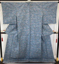 Japanese Vintage Kimono Silk Blue Tumugi Traditional Authentic Length 64 in