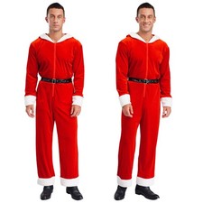 Weihnachtsmann Kostüm Herren Einteiler Overall Samt Jumpsuit mit Kapuze Xmas