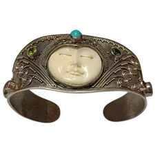 Happy Moon Face Vintage Turquoise Sterling Silver Bracelet Cuff