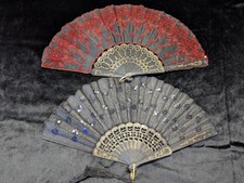 Lot 2 RED  Black Embroidered Fabric Folding Handheld Fan Sequin Party Bridal