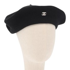 CHANEL 1998 COCO Mark Beret Cap Wool Black CC Auth 157877SM