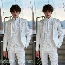Men Rhinestone 3 Piece Suit Tuxedo Wedding Prom Formal Party Jacket Vest Pants