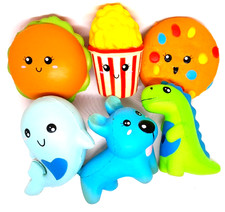 Squishy Stress Relief Toys Lot of 6 Popcorn, Burger Cookie Dog Whale Dinosaur