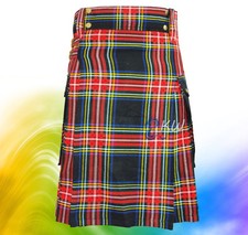 BLACK STEWART TARTAN UTILITY KILT WITH MODERN POCKETS