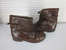 MIA WOMEN'S BROWN LEATHER Granny ANKLE BOOTS SZ (5) Harness Buckle 2-Ply Shank
