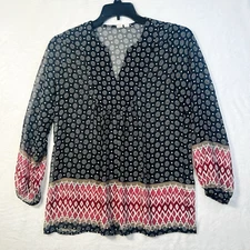 Melrose and Market Geometric Balloon Sleeve Boho Mixed Print Tunic Size S Sheer