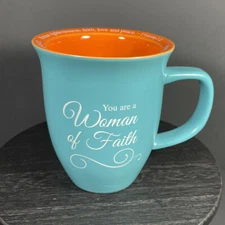 You Are a Woman of Faith Mug 2 Timothy 2:22 Bible Verse Aqua Orange Abbey Gift