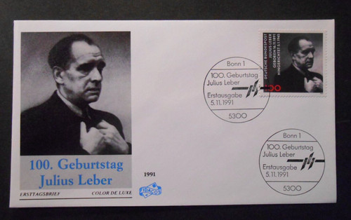 GERMANY, GERMANY, BUND 1991 Julius Leber Politico 100pf envelope FDC