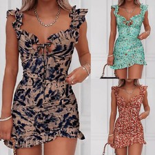 ❤️ Womens Ruffle Sleeveless Bodycon Mini Dress Summer Beach Floral Boho Sundress