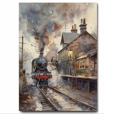 Vintage Steam Train at Station Artwork Printed on Aluminium Metal Sign