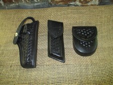 VTG."SAFARILAND"3pcs.BASKETWEAVE-MAG.HOLDER,HOLSTER HANDCUFF POUCH-LEATHER-EXCEL