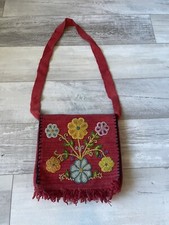 Gorgeous Vintage Tapestry Bag Messenger Shoulder Strap Floral Pattern Red Purse