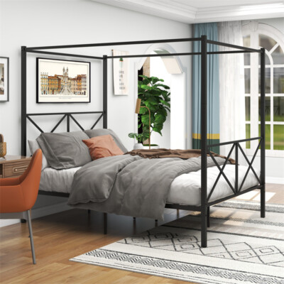Queen Size Black Metal Canopy Bed Frame w/Criss Cross Headboard and Footboard