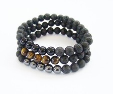 Tiger's Eye, onyx, Hematite  Lava rock Round Beads Stretchable 3 Bracelet Combo