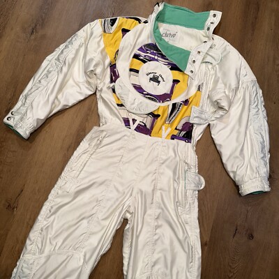 Vintage Chervo Ski Suit One piece Snowsuit Snow Bib White Retro 80s Women Medium