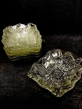 Vintage 7pc. oblong glass Berry bowl Set scalloped edges Lotus Button Design