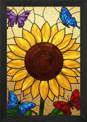 Glasmalerei Sonnenblume mit Butter gerahmtes Wandbild Poster Leinwanddruck Bild