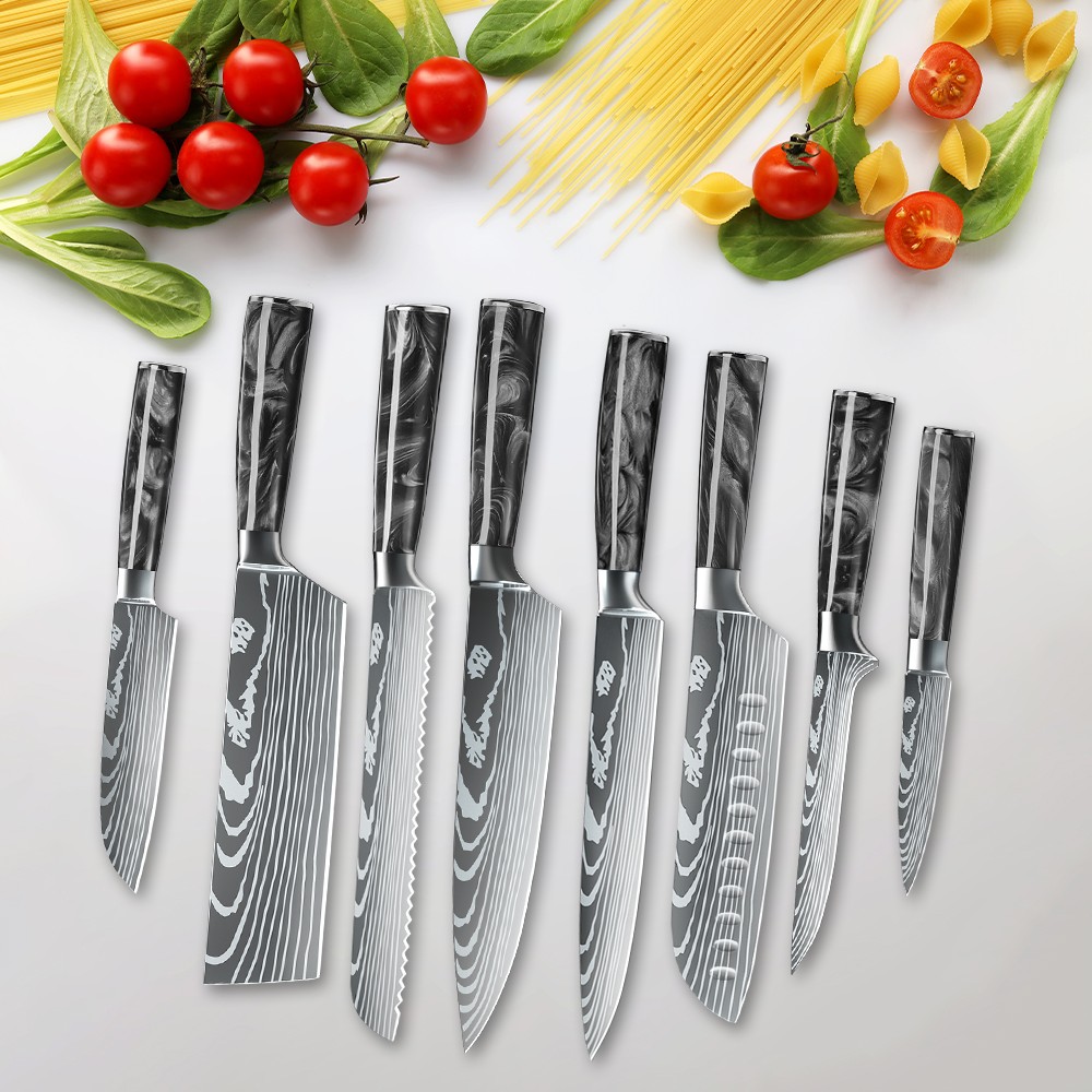 9PCS Kitchen Knife Set Japanese Damascus Pattern Chef Knives Stainless Steel USA