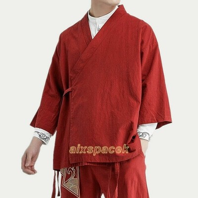 Mens Ethnic Kimono Cardigan Japanese Jacket Casual Linen Cotton Baggy Shirt Top