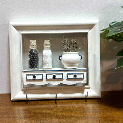 Vintage Wood Kitchen 3D Picture Decor Miniature Bottles Faux Drawers 3 Hooks