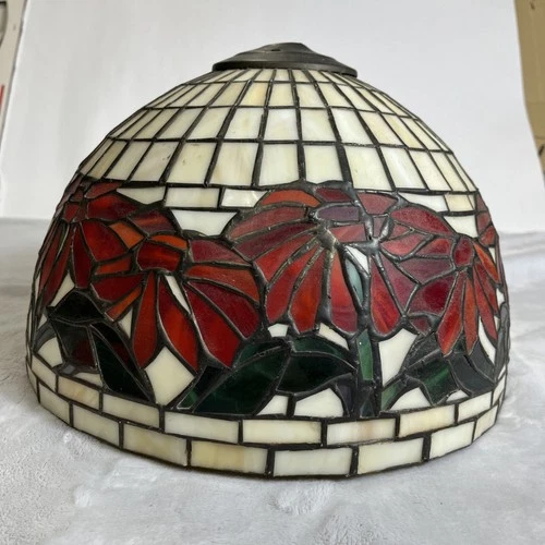 Tiffany Style Stained Glass Lamp Shade Vintage Red Floral Flower SEE PICS