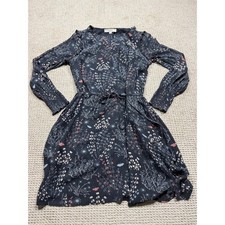 LOFT Dress Womens Size Small Black Floral Whimsigoth Ruffled Trim Henley Midi