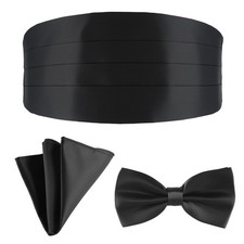 Black Satin Cummerbund Pre Tied Bow Tie Breast Pocket Handkerchief Set for Me...