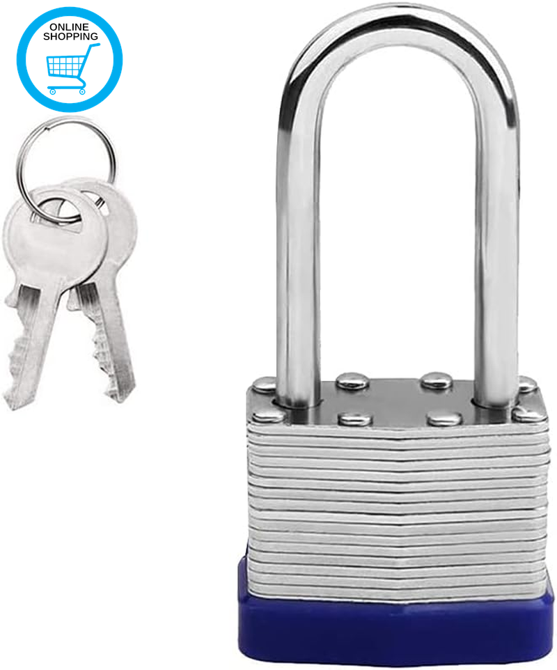 Steel Padlock with Key, Long Shackle Heavy Duty Padlock - Waterproof, Ideal for