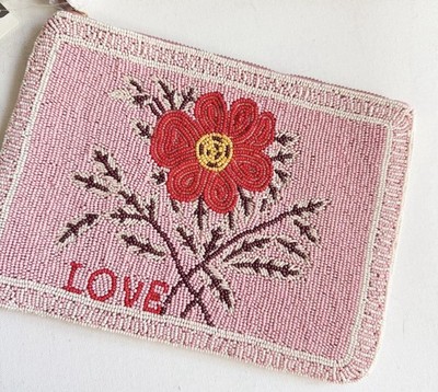 Anthropologie Fiona Large Beaded Clutch Floral ''Love'' Pouch