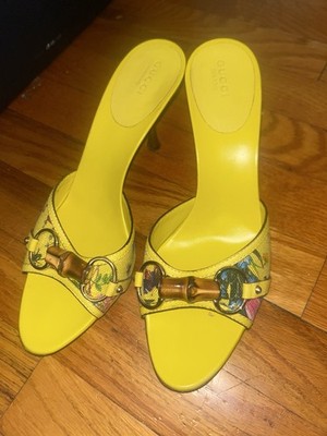 Gucci Yellow Floral Bamboo Mule Heels Open Toe Leather US 8.5