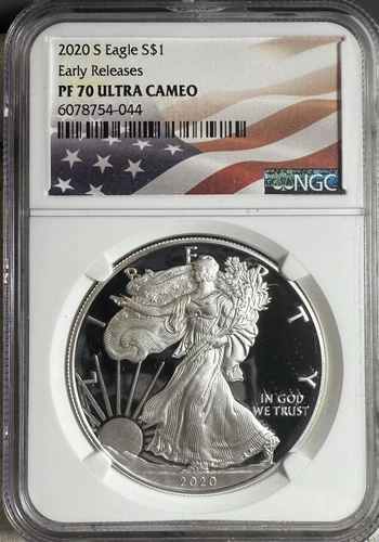 2020 S PROOF SILVER EAGLE NGC PF70 ULTRA CAMEO EARLY RELEASES USA FLAG LABEL