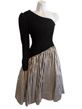 Gunne Sax Jessica McClintock Velvet One Shoulder Black White Formal Dress Prom