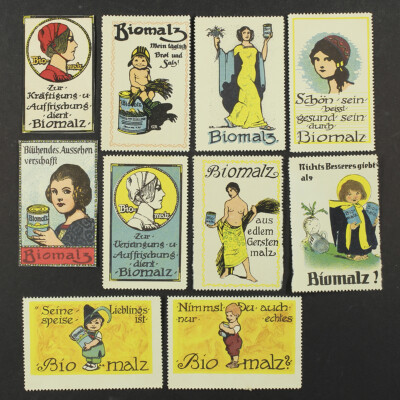 Sammlung von 10 Werbe-/Reklamemarken. Biomalz. 