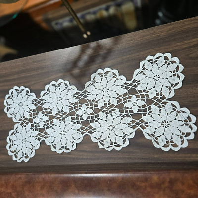 Vintage Hand Crocheted Table Doily Floral Pattern 21 1/2 x 9 1/2