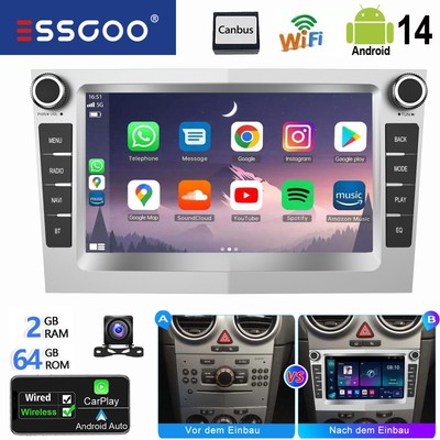 2+64G Android 14 Autoradio Carplay Für Opel Astra H Corsa C D Zafira GPS BT +KAM