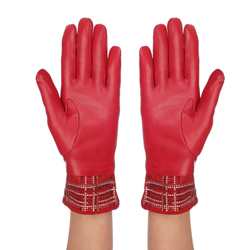 Philipp Plein Inverno Pic-Nic Cristallo Pelle Cashmere Guanti Rosso 6,5 - Immagine 2 di 3