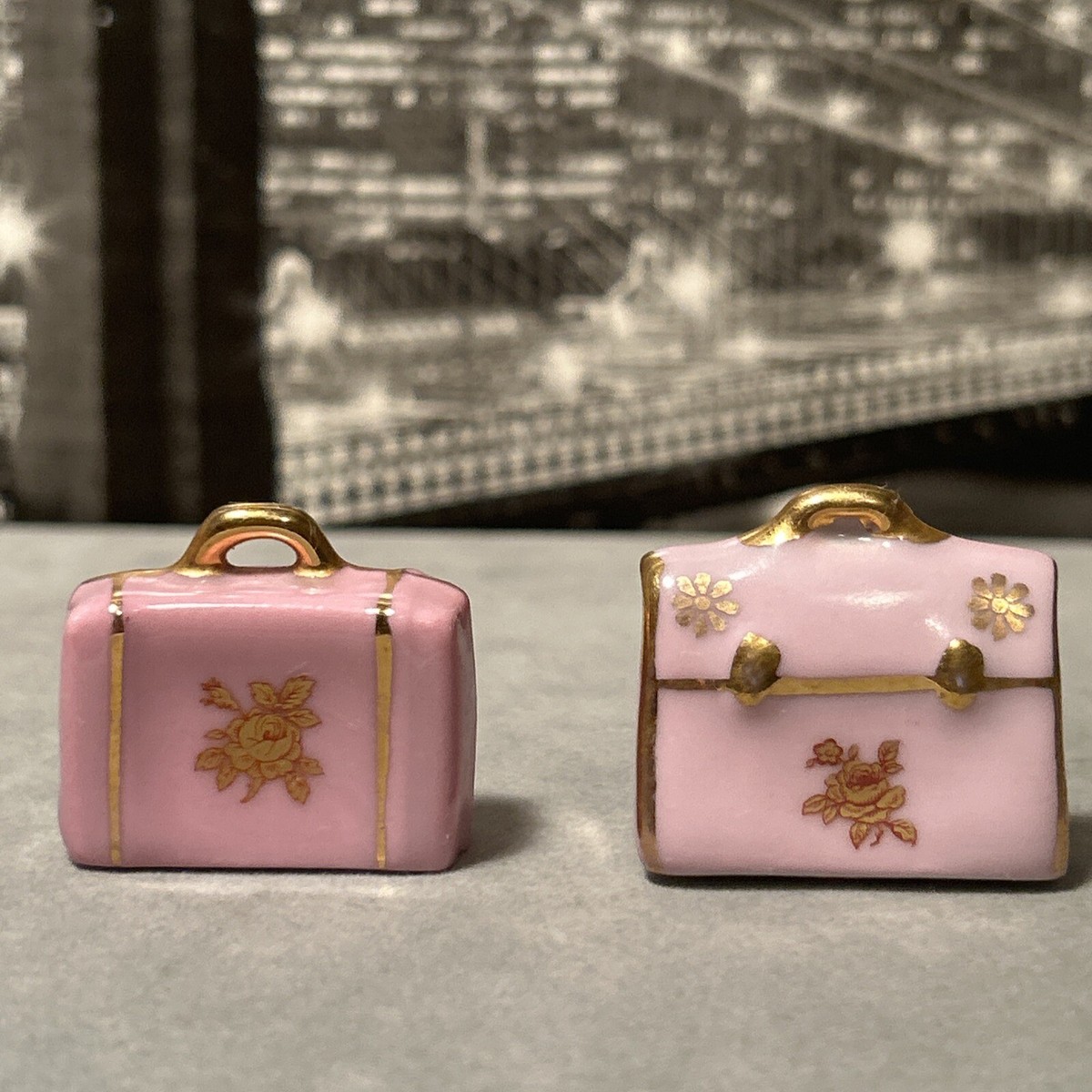 limoges france Rare Set of 2 porcelain Miniature Dollhouse Luggage