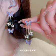 Women Purple Butterfly Minimalist Pierced Tassel Dangle CZ Stud Earrings PE30