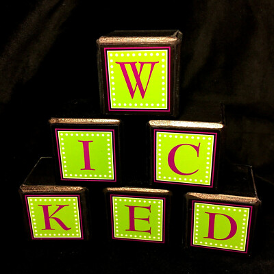 Set of 6 WICKED Black 2'' Block Green & Purple Applied Letters Halloween Witch