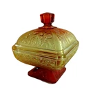 Glass Depression Ware Leaf Acorn w/ lid Yellow Red Amberina Glass Candy Dish