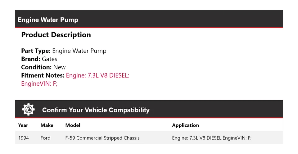 For 1994 Ford F-59 Commercial Stripped Chassis Engine Water Pump Gates - Image 2 of 4