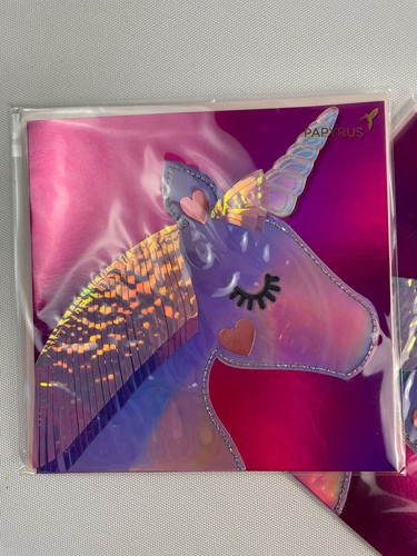 2 Cards NEW Papyrus Valentines Day Card Iridescent Stitched Unicorn $20 Retail - Picture 3 of 15