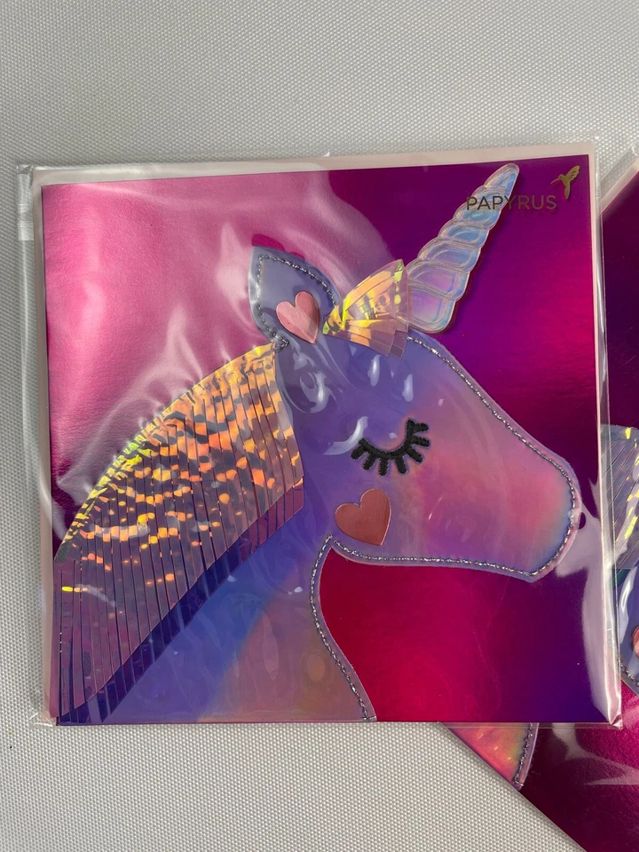 2 Tarjetas NUEVA Tarjeta Papiro Día de San Valentín Unicornio Cosido Iridiscente $20 Minorista Foto 3 de 4