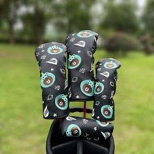 Black Cartoon Bear Pattern Golf Club Head Cover Driver Wood Hybrid UT Head Cover