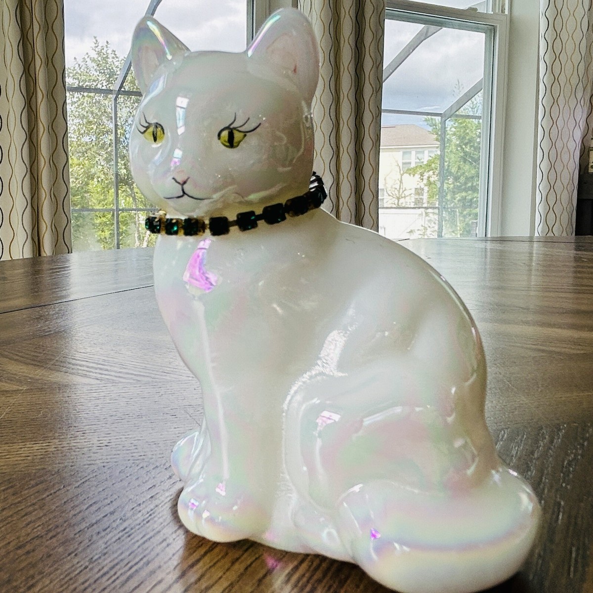 Vintage Fenton Milk Glass Hand Painted Iridescent Cat Gem Artist