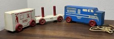 Vintage Wooden Block Pull Toy Train Painted White Graphics Red  Blue