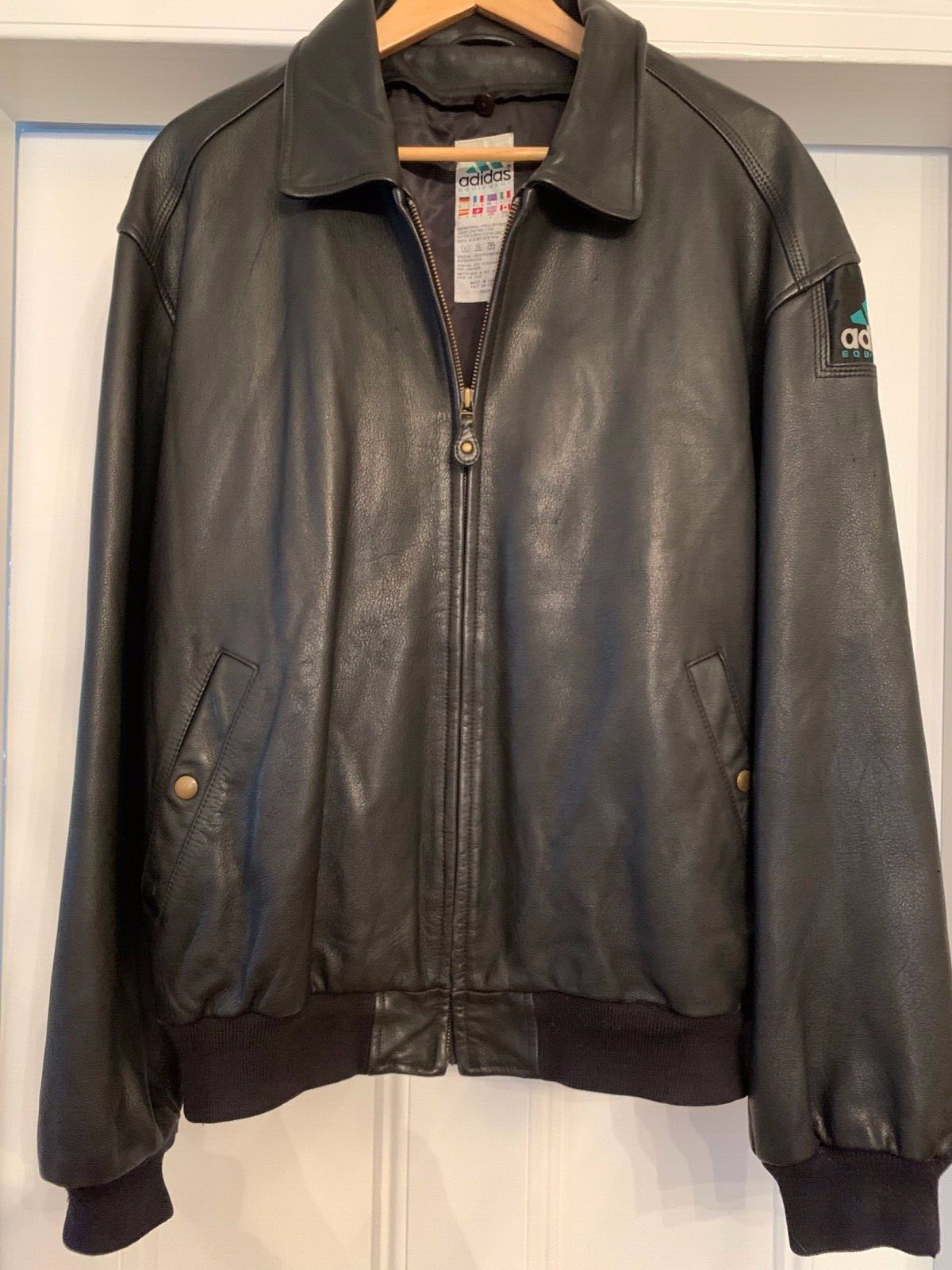 ADIDAS MENS 2 PC BLACK LEATHER BOMBER JACKET  & VEST w LOGOS sz LARGE c1995 RARE