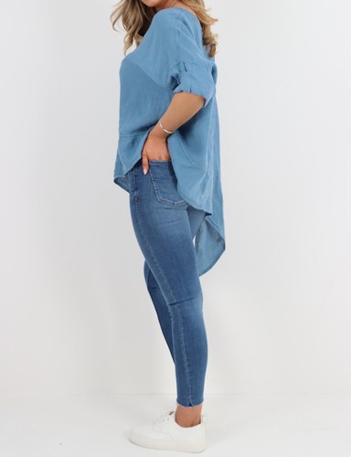 Womens Italian Lagenlook Linen Distress Pocket Asymmetric Linen Plus Size Top - Picture 7 of 29