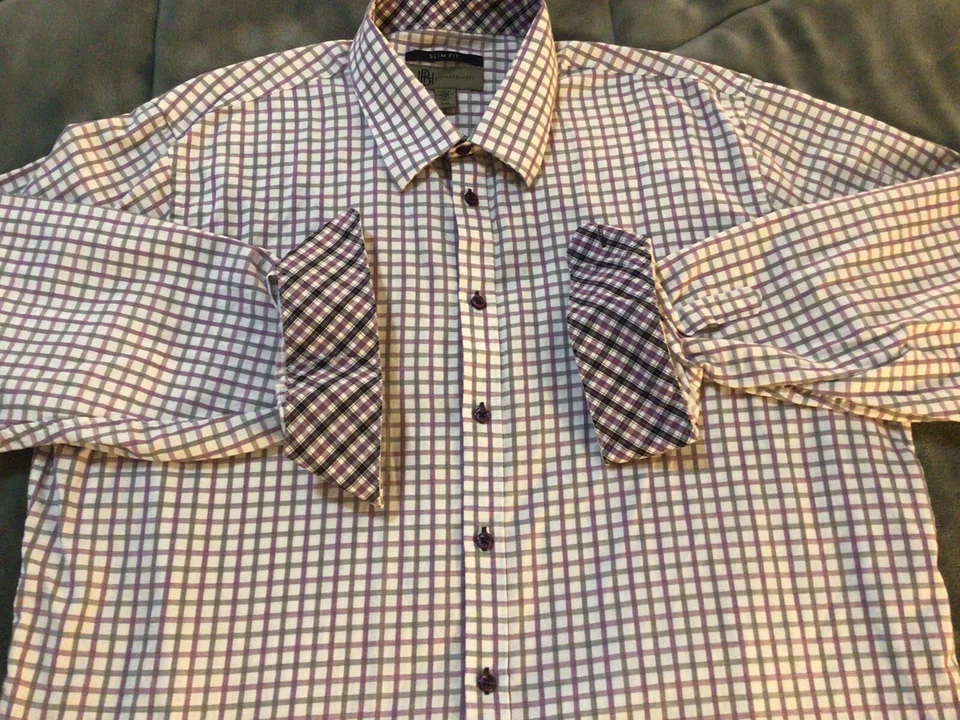 Camisa Jhane Barnes Calce Ajustado Para Hombres Talla 2XL Púrpura Cuadros Botón Frontal Algodón L/S Foto 4 de 4