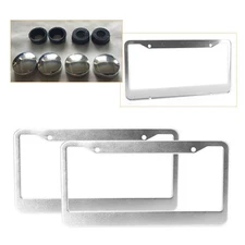 2pc Aluminum Alloy Silver License Plate Frame Tag Cover with Screw Caps